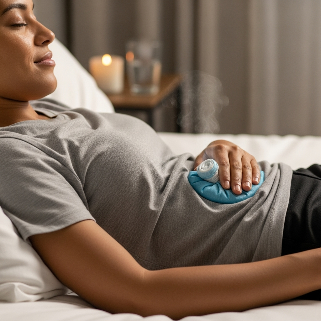 A person gently applying a warm compress to their abdomen, looking relaxed and comforted. Focus on soothing relief from stomach discomfort. Lifestyle photography style, soft lighting. No text.