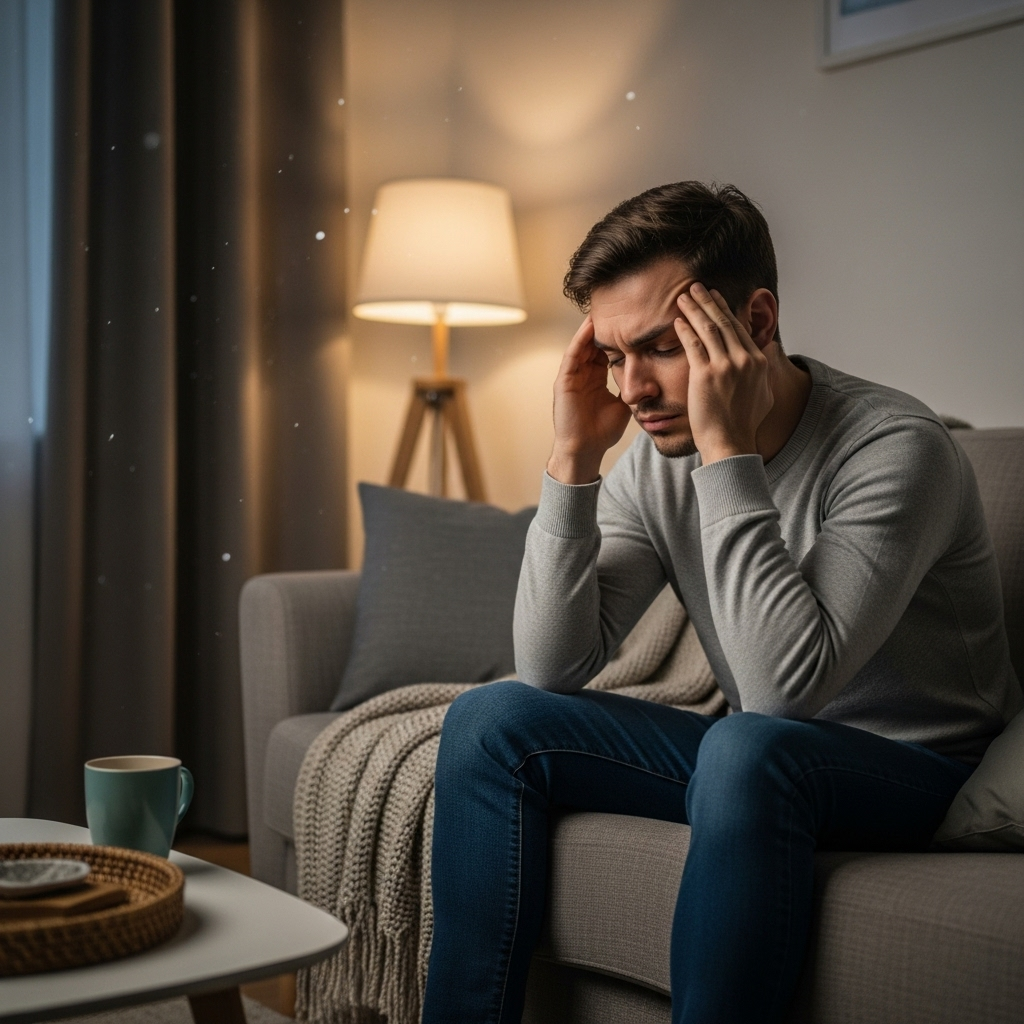 A person sitting on a sofa with a tired expression, rubbing their temples. The living room is slightly dim, suggesting a lack of energy despite being at home. Soft, muted colors, lifestyle photography. No text.