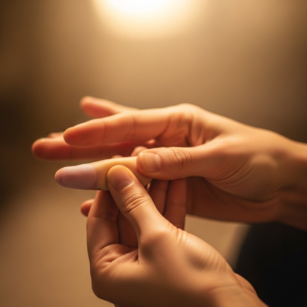 A close-up of a person's hand, gently massaging their fingertips, conveying a sense of numbness or tingling. The background is soft and slightly out of focus, highlighting the hand. Style: lifestyle photography, warm lighting. No text.