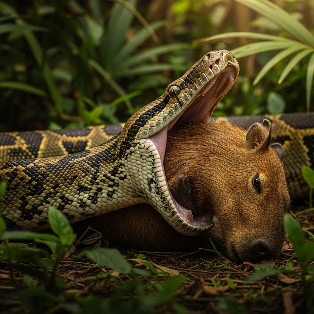 A wide-mouthed python or boa constrictor in the process of swallowing a large prey animal, showcasing its incredible jaw flexibility. The setting is a natural, leafy jungle environment. Style: realistic wildlife photography, no text.