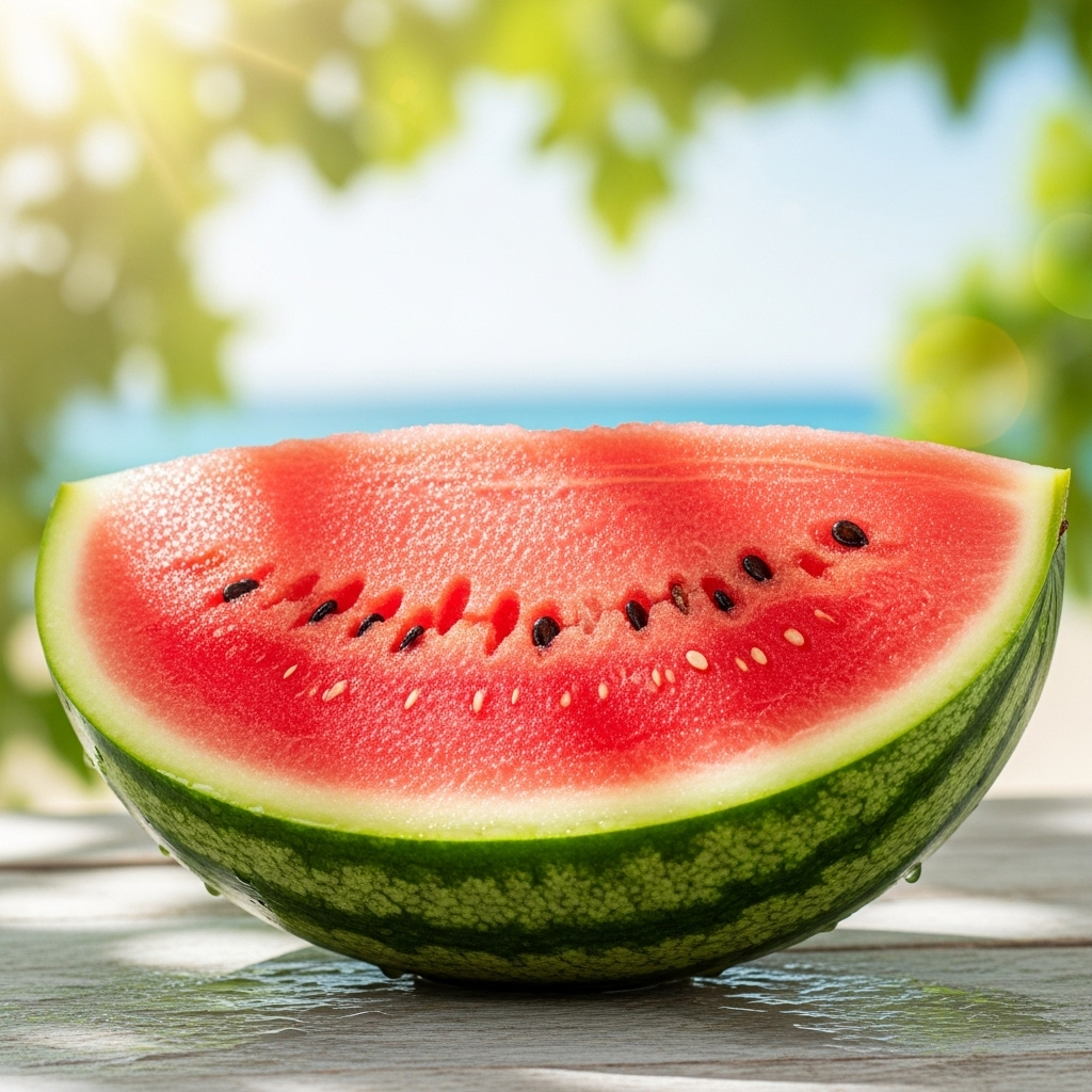 A vibrant lifestyle photography of a perfectly sliced watermelon, showing juicy red flesh and black seeds. Water droplets are visible on the surface, emphasizing its hydrating quality. The background is bright and summery, with natural light. No text in image.