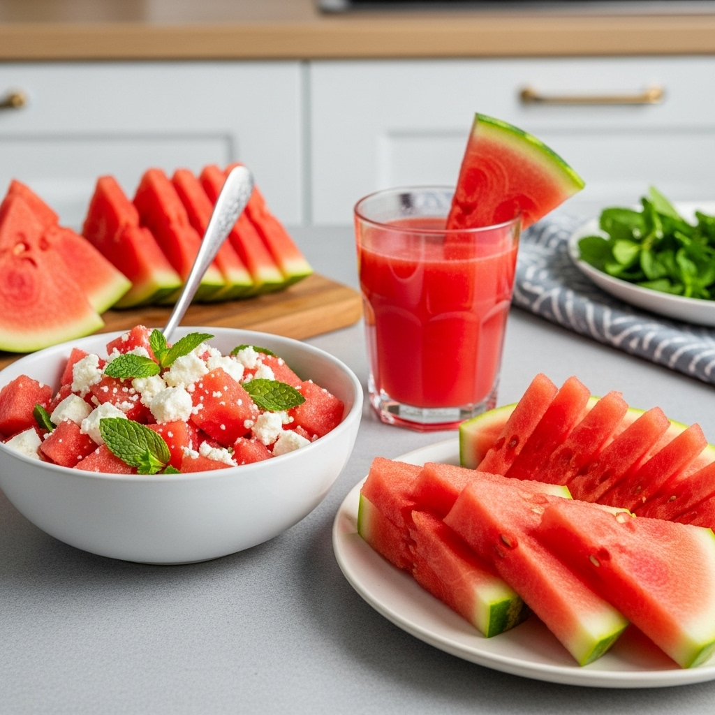 Lifestyle photography of a kitchen counter with various watermelon dishes. One bowl has a fresh watermelon salad with feta cheese and mint, another glass contains vibrant watermelon juice, and a plate holds neatly sliced watermelon wedges. The setting is bright and inviting, showing healthy and refreshing food. No text in image.