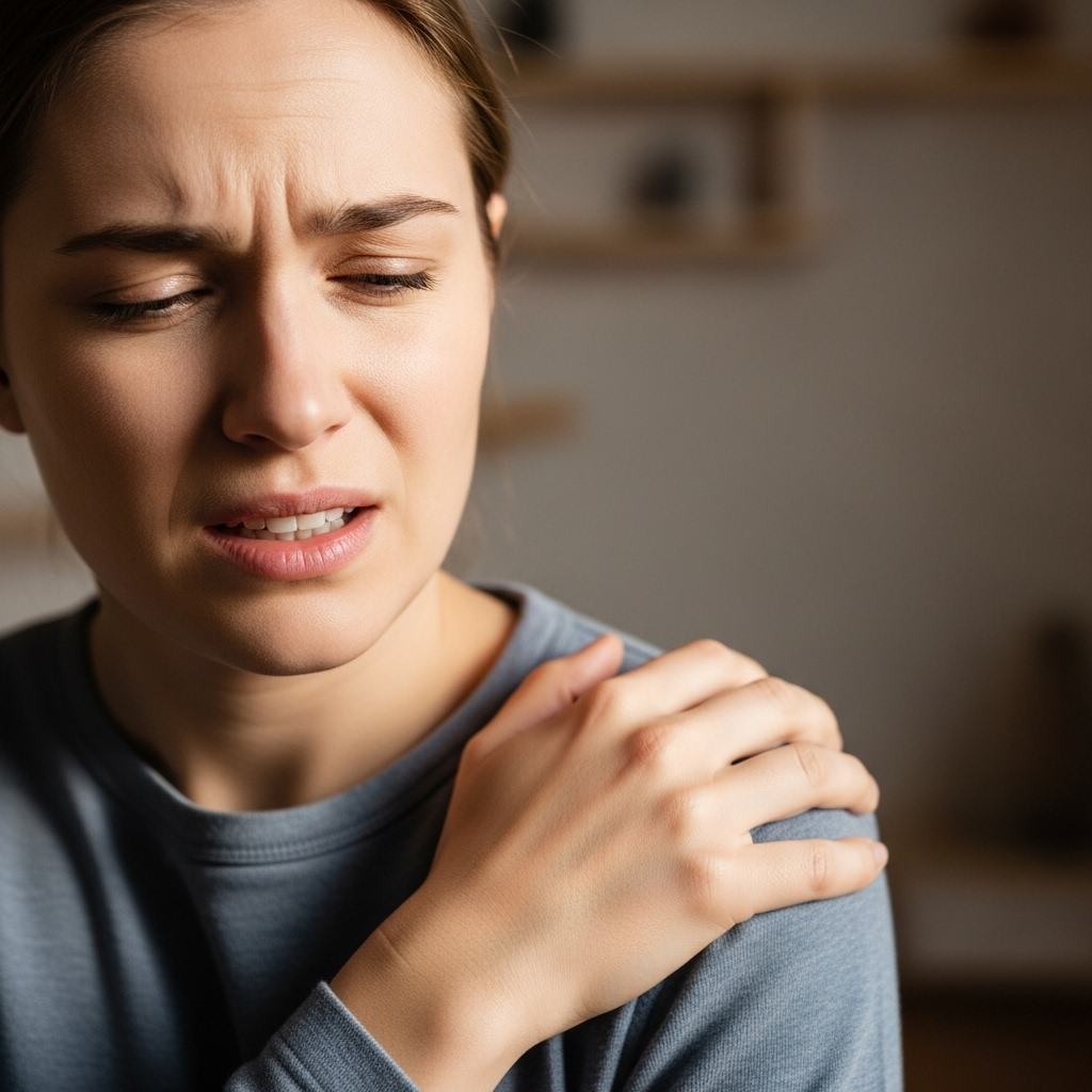 A person gently touching their right shoulder, showing a pained expression. The background is soft and blurred, suggesting a home or office environment. Realistic lifestyle photography, natural lighting, no text in image.