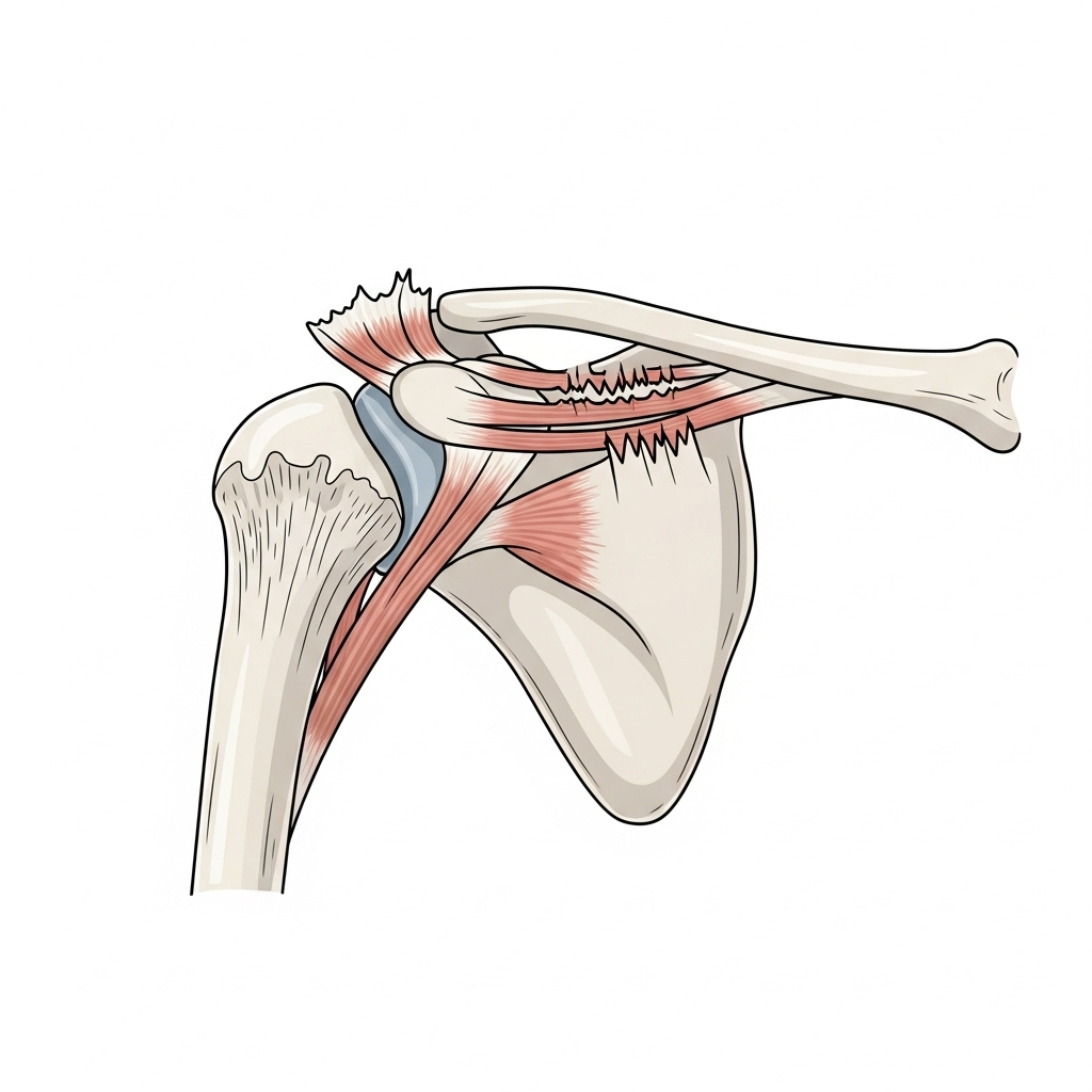A clean infographic illustration showing the human shoulder joint, highlighting the four rotator cuff tendons with a specific tendon (supraspinatus) visibly torn. Medical illustration style, no text in image.