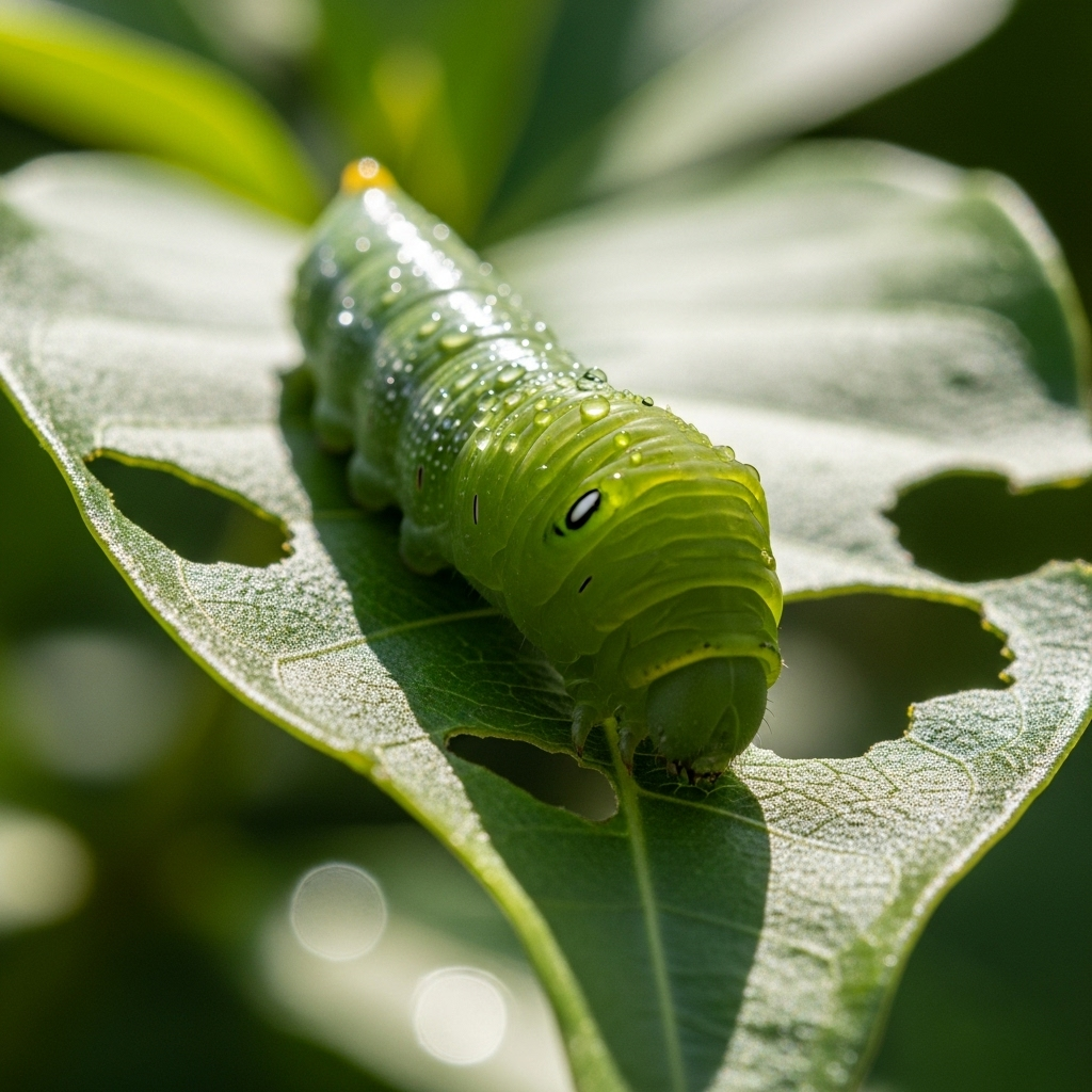 A close-up, vivid lifestyle photography of a plump, green caterpillar actively munching on a fresh green leaf. The caterpillar's segments are clearly visible, and the leaf shows signs of being eaten. Natural lighting, focus on the caterpillar and leaf. No text in image.
