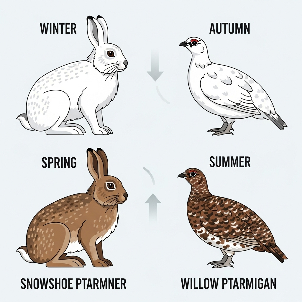 A visually engaging infographic showing a snowshoe hare and a willow ptarmigan side-by-side, each with two stages: one in winter white camouflage and one in summer brown/mottled plumage. Arrows indicate seasonal transitions (spring/autumn). Clean infographic style, no text.