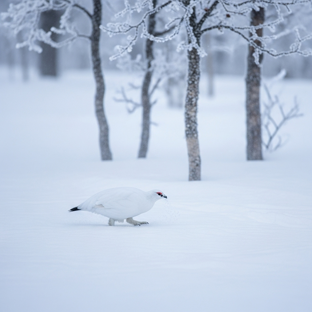 A willow ptarmigan in its full white winter plumage, walking on freshly fallen snow in a sparse, cold forest. The bird is camouflaged against the snow, looking for food. Natural lighting, frosty atmosphere, no text.