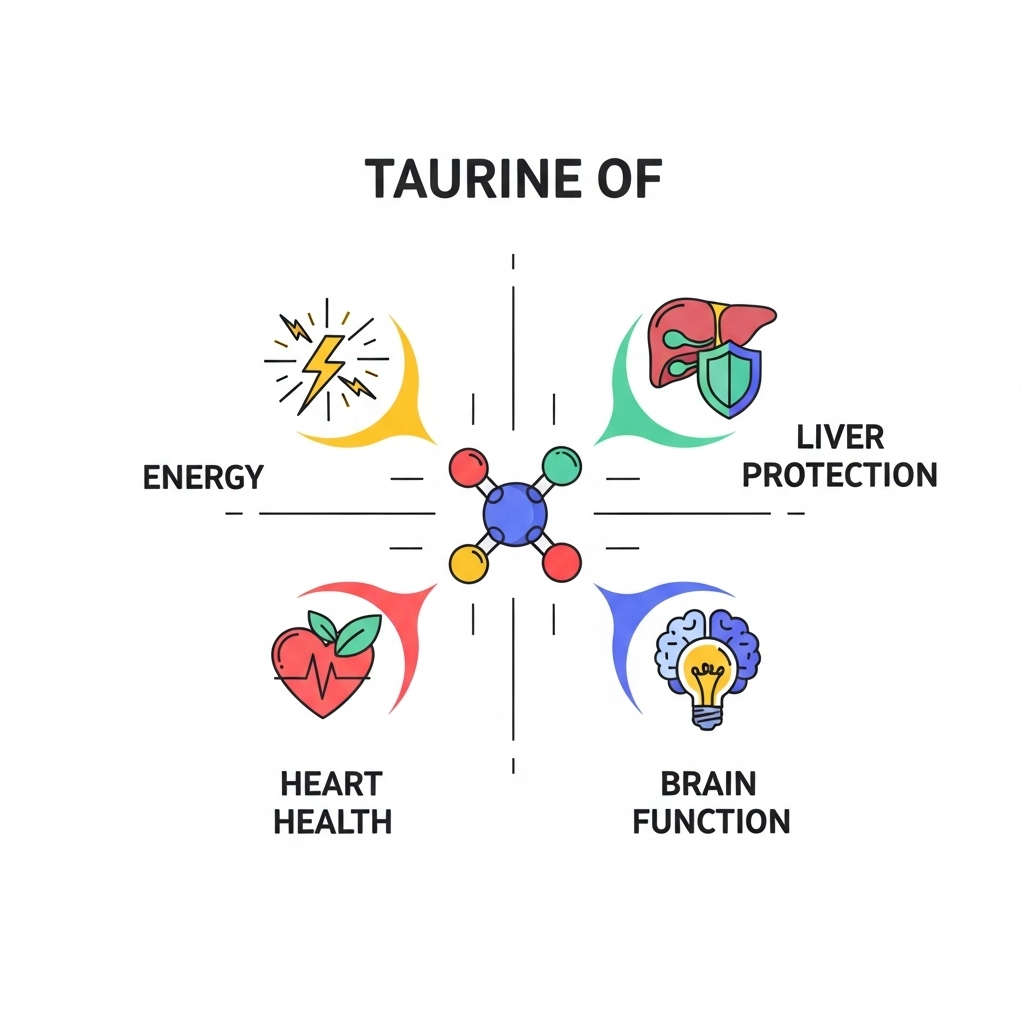 A clean infographic illustrating the multi-faceted benefits of taurine, including vibrant icons representing energy, liver protection, heart health, and brain function. The style is clear and informative. No text.