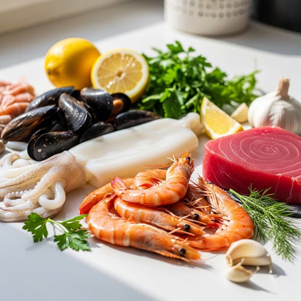A vibrant still life photograph featuring a variety of seafood rich in taurine, such as squid, mussels, shrimp, and tuna. The setting is a clean kitchen counter with natural light. Style: lifestyle photography. No text.