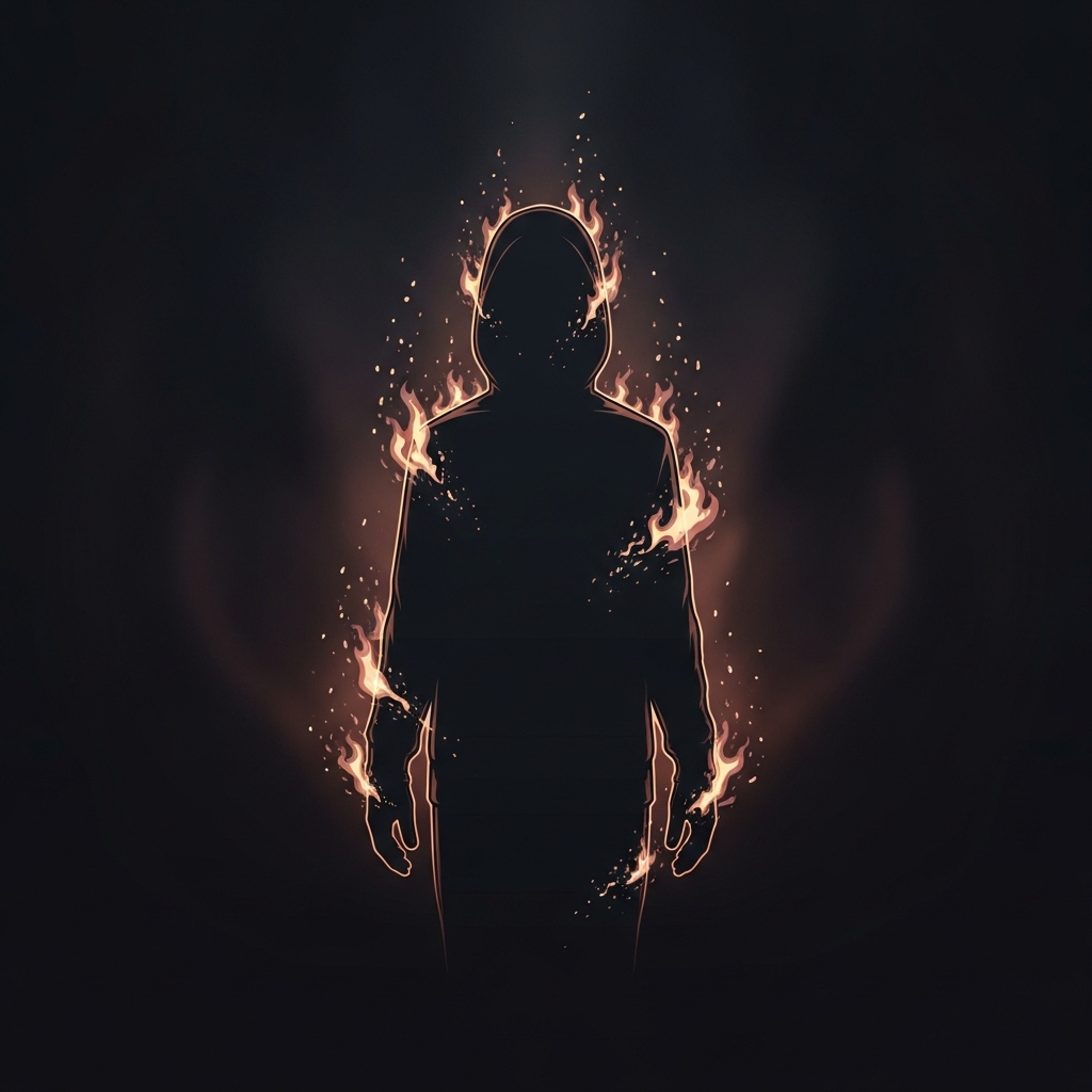 A mysterious silhouette of a human figure surrounded by subtle, flickering flames, set against a dark, enigmatic background. The scene should evoke wonder and a sense of the unexplained, with no explicit horror. Illustration style. No text.