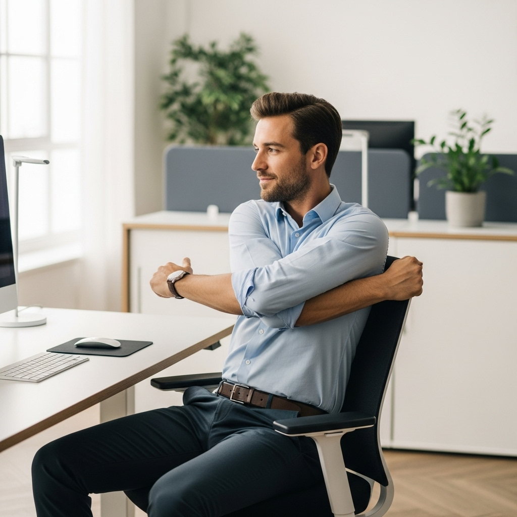 A male office worker in business casual attire, sitting on an office chair and performing a subtle stretch, perhaps twisting his torso or reaching for his toes. The setting is a modern office, suggesting a quick break. Lifestyle photography, clean office environment. No text.