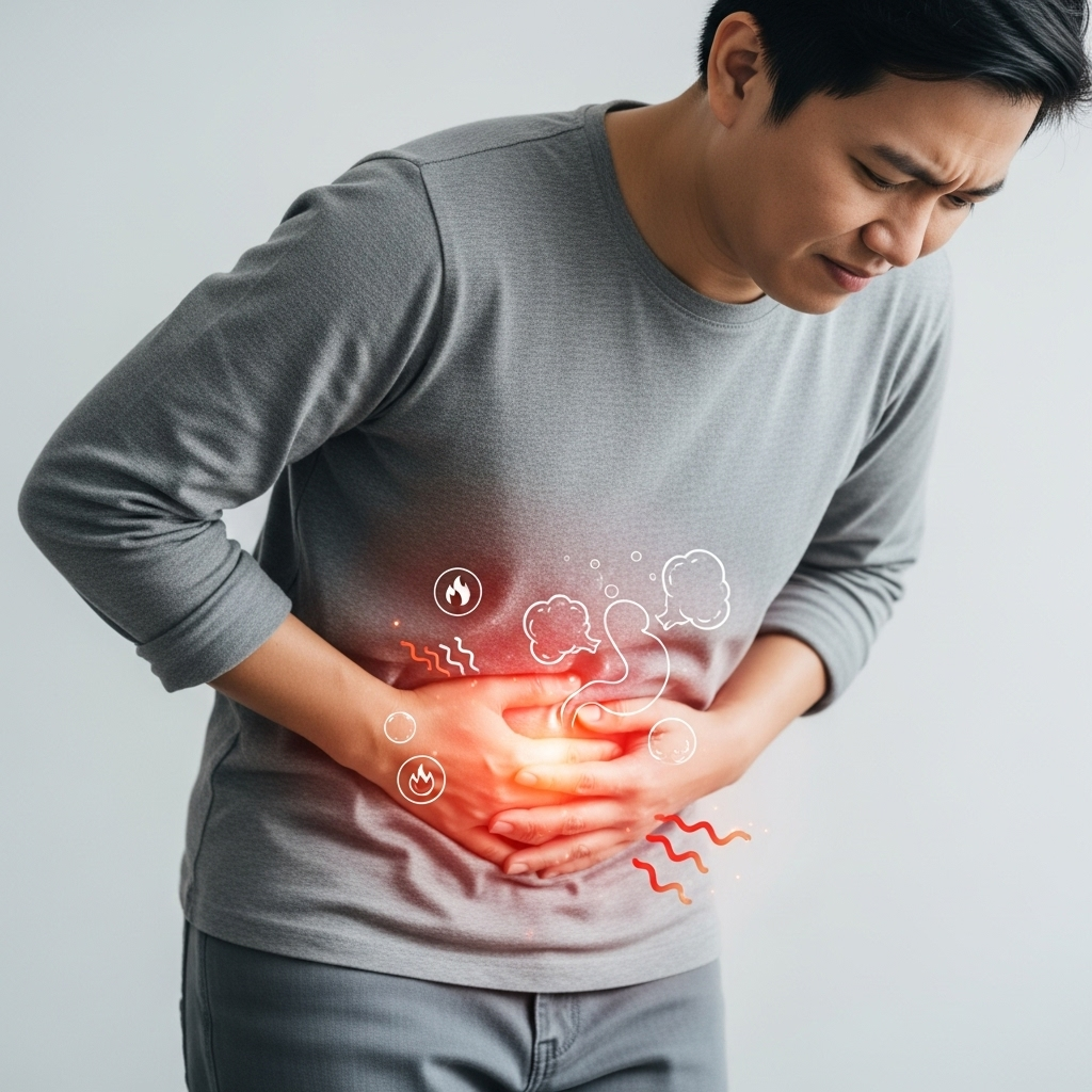 A person holding their stomach, looking uncomfortable due to indigestion and bloating, with subtle infographic elements indicating inflammation in the digestive system. Style: clean infographic, natural lighting, no text.