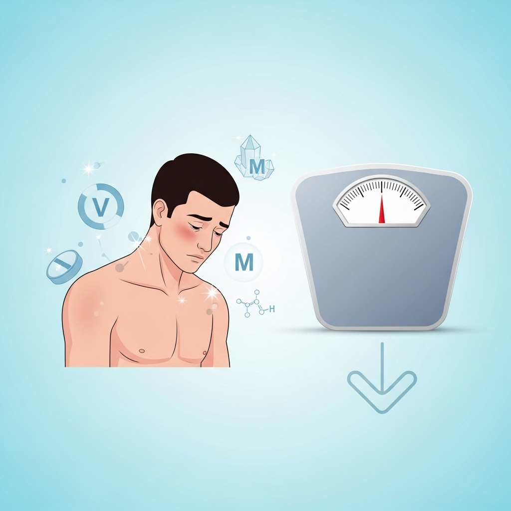 A digital illustration showing a person feeling fatigued, with a subtle overlay of nutritional deficiency symbols like vitamins and minerals, and a weighing scale indicating weight loss. Style: clean infographic, bright and clear, no text.