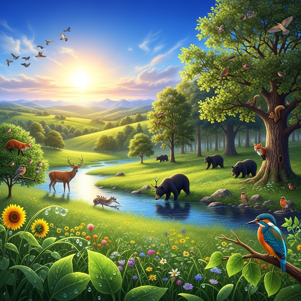 A serene landscape depicting Earth's ecosystem thriving under sunlight. Show plants performing photosynthesis, a diverse range of animals, and clear skies, illustrating the vital role of solar energy for life. No text.