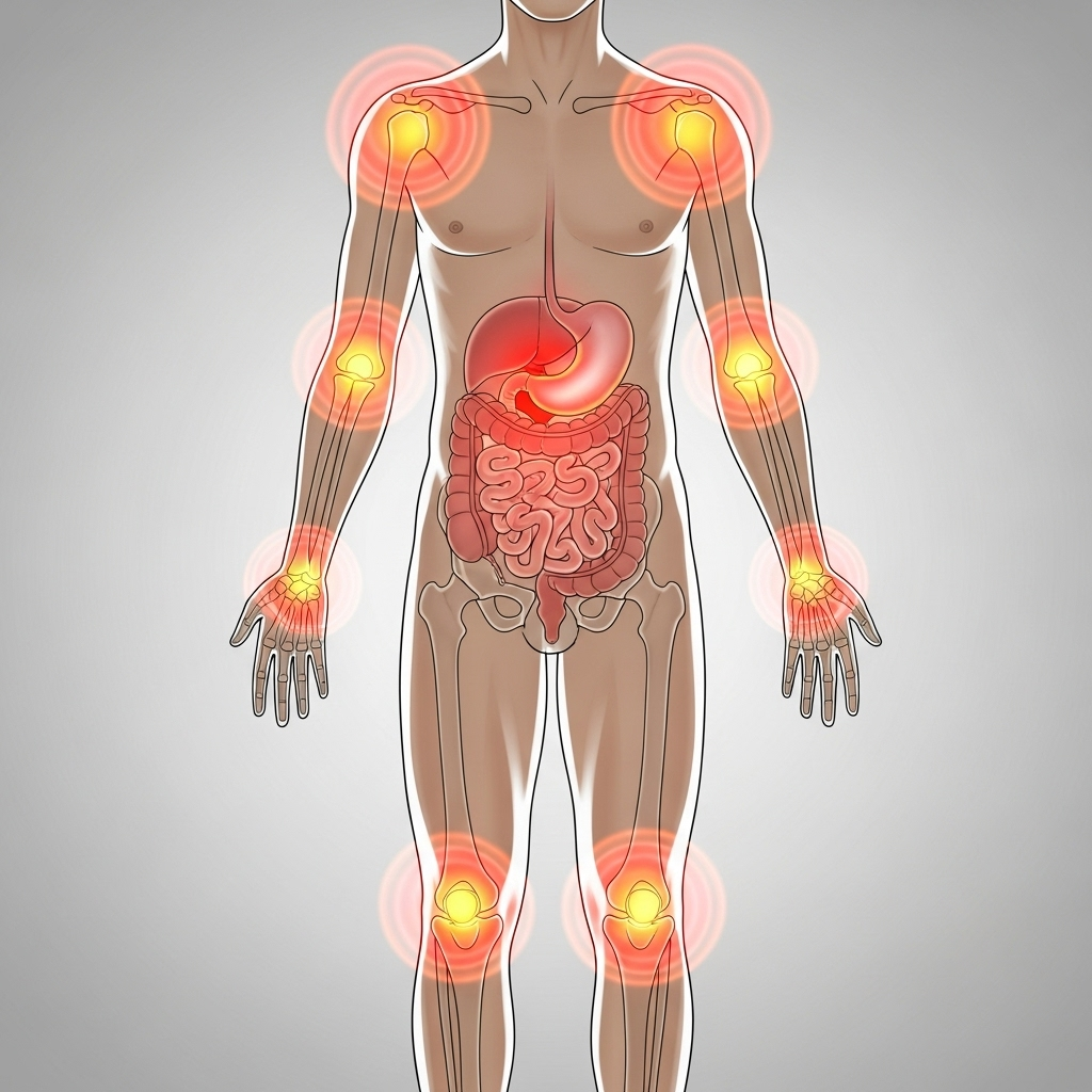 A stylized human body showing highlighted areas of inflammation in the joints (knees, shoulders, wrists) and a faint reddish glow around the digestive system, indicating systemic effects. Style: anatomical illustration, soft lighting, no text.