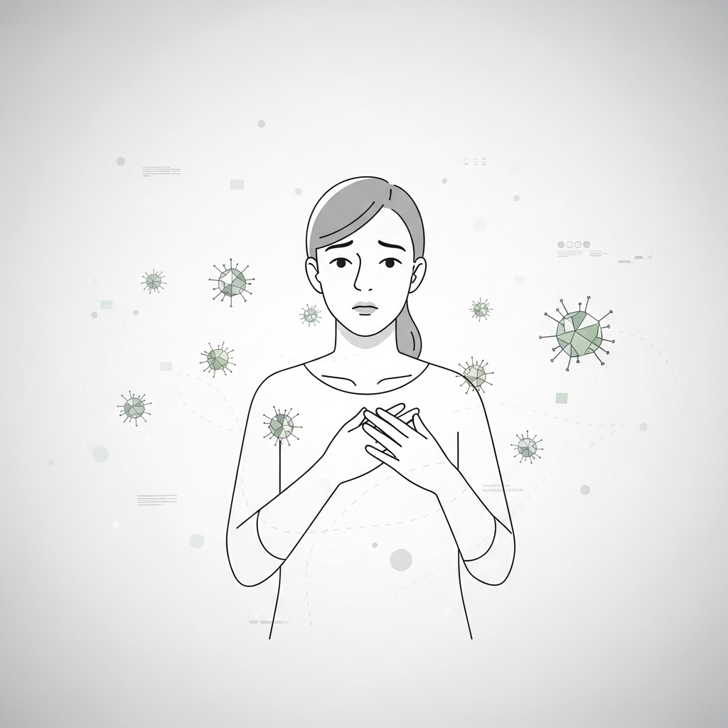 A subtle and clean infographic showing a stylized female figure surrounded by faint, abstract virus particles, with a worried expression. The overall tone is informative yet slightly concerning. No text in image. Style: clean infographic.