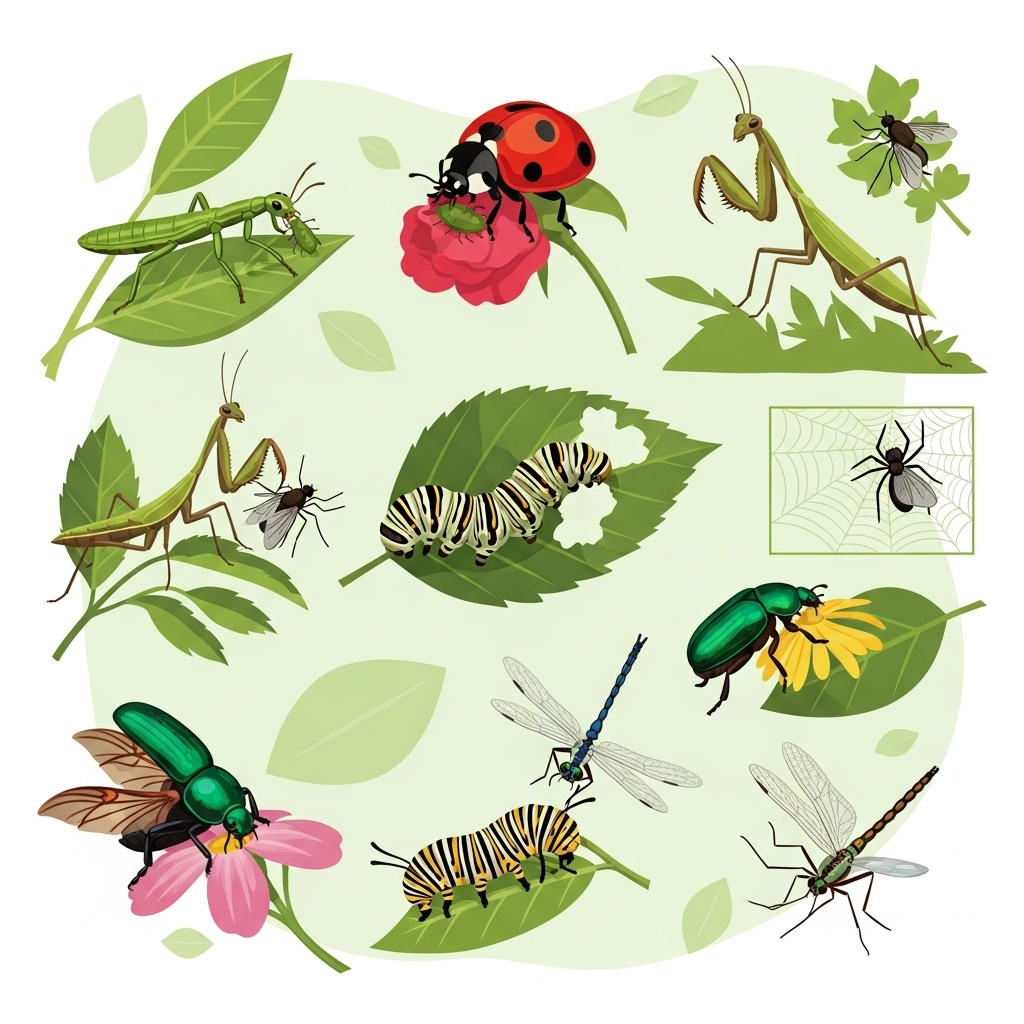 A vibrant infographic showing various insects, some eating leaves, some catching other insects, illustrating diverse diets. Clean, bright colors. No text.