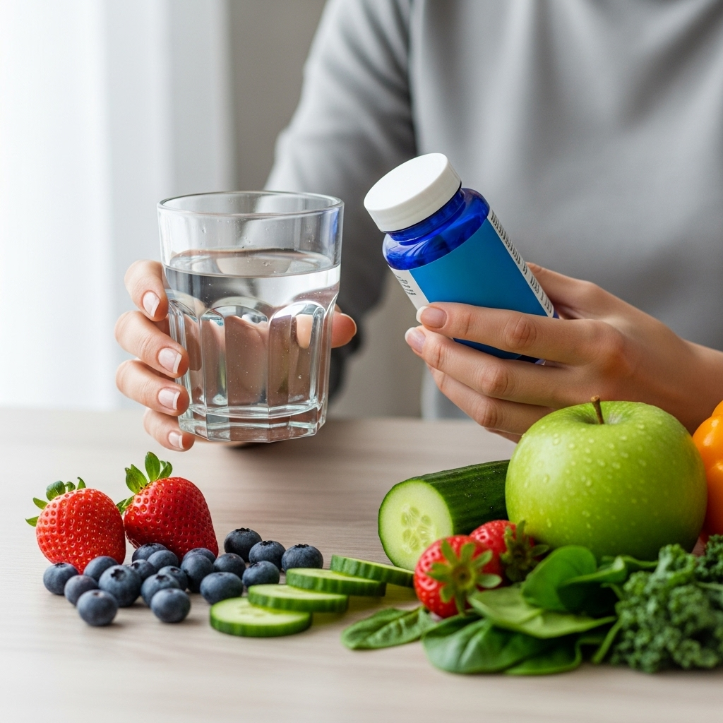 A clean, bright lifestyle photograph showing a woman's hands holding a glass of water and a supplement bottle, surrounded by fresh fruits and vegetables. Emphasize health, hygiene, and a balanced lifestyle. No text in image. Style: lifestyle photography.
