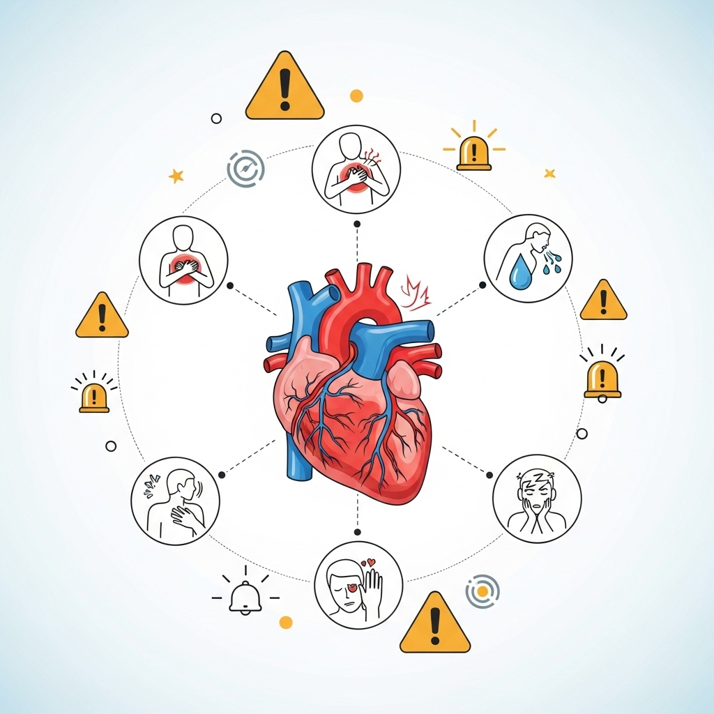 An infographic illustrating the importance of recognizing early heart attack symptoms. It shows a human heart with interconnected warning signs like chest pain, shortness of breath, and sweating, surrounded by alert symbols. The overall style is clean and informative. No text.