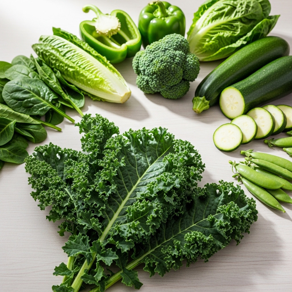 A vibrant and fresh image of various green vegetables, with kale prominently featured in the foreground. The vegetables are arranged artfully on a wooden table, suggesting health and freshness. Natural lighting, clean infographic style. No text.