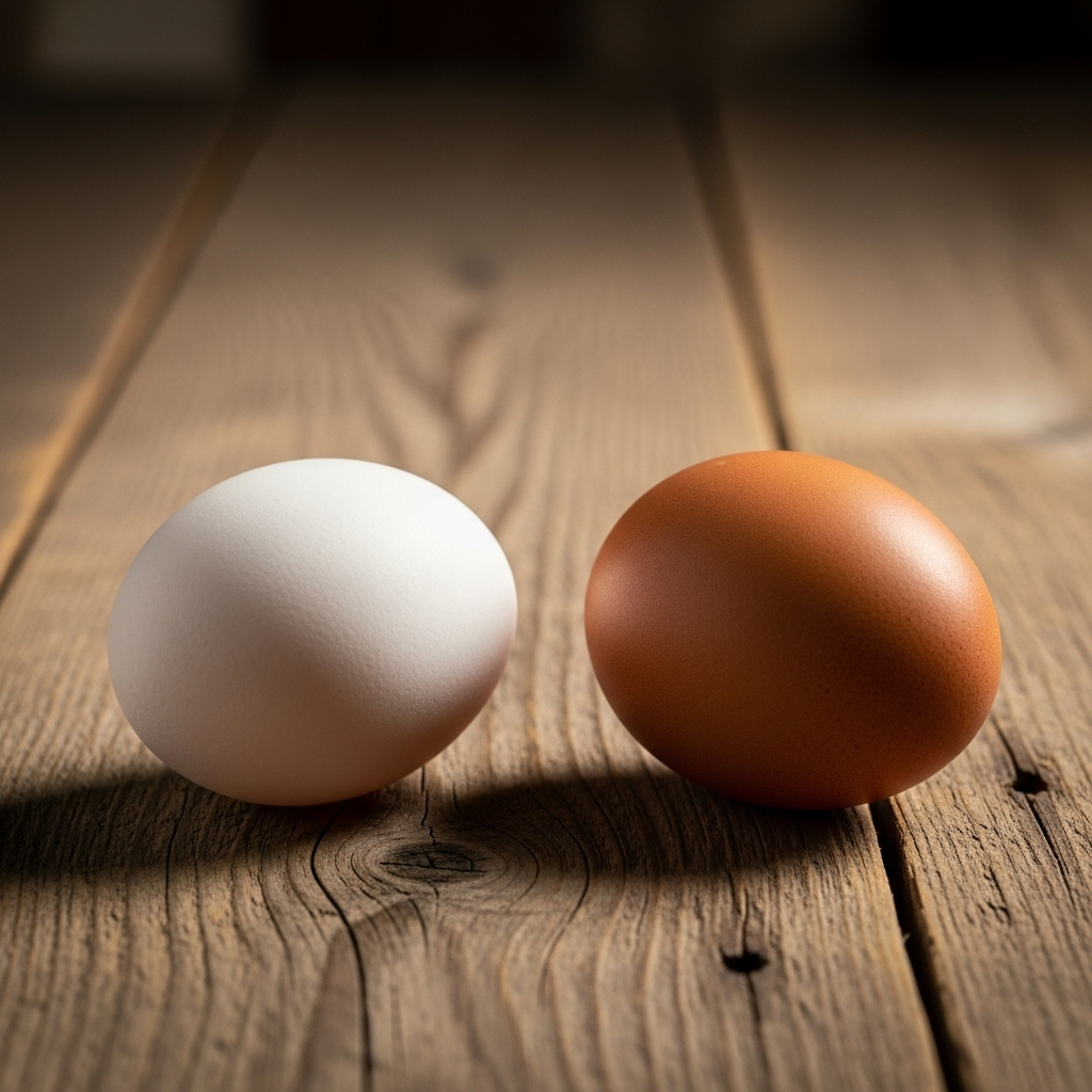 Two distinct types of eggs, white and brown, placed side by side on a rustic wooden table. The lighting is natural and soft, highlighting the subtle differences in their shells. A sense of curiosity and inquiry. No text.