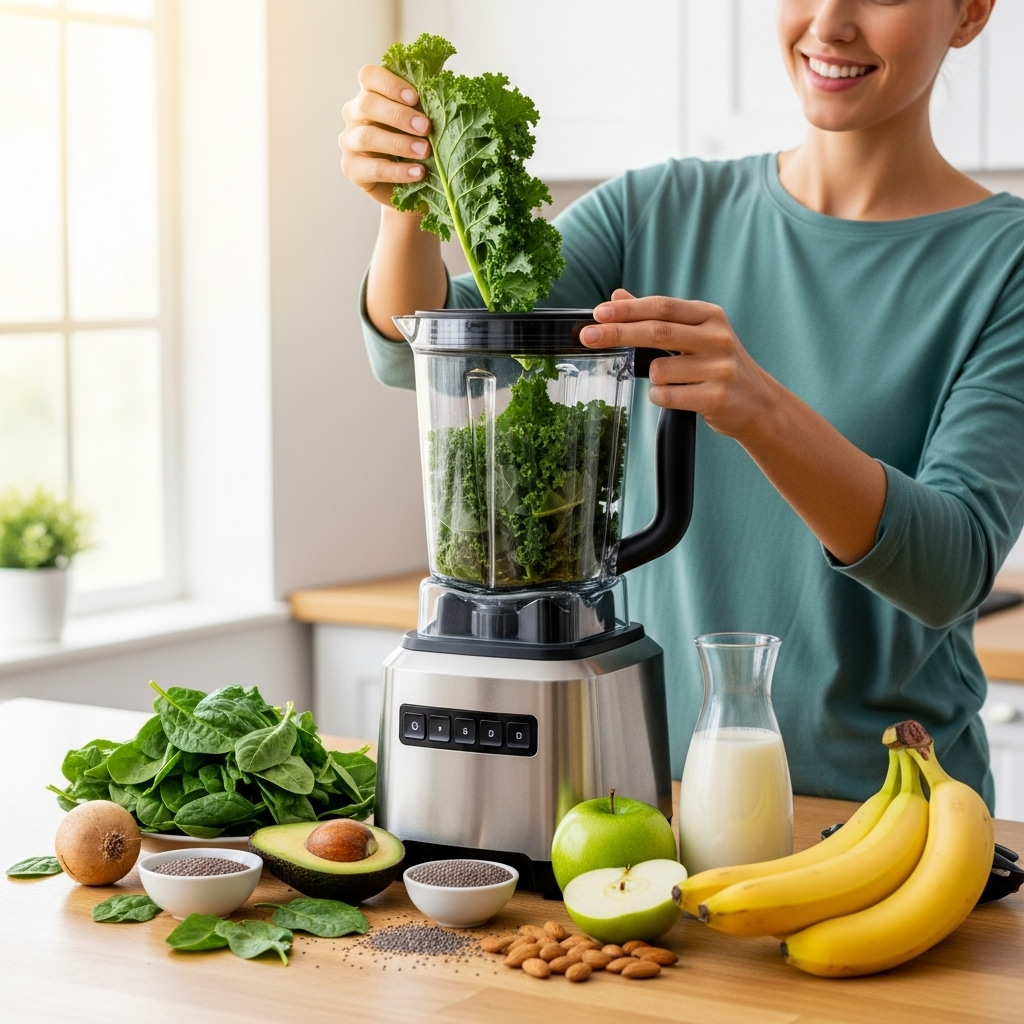A dynamic lifestyle photo showing a person happily preparing a green smoothie with fresh kale, surrounded by other healthy ingredients. The scene radiates vitality and wellness. Focus on natural, bright lighting. No text.