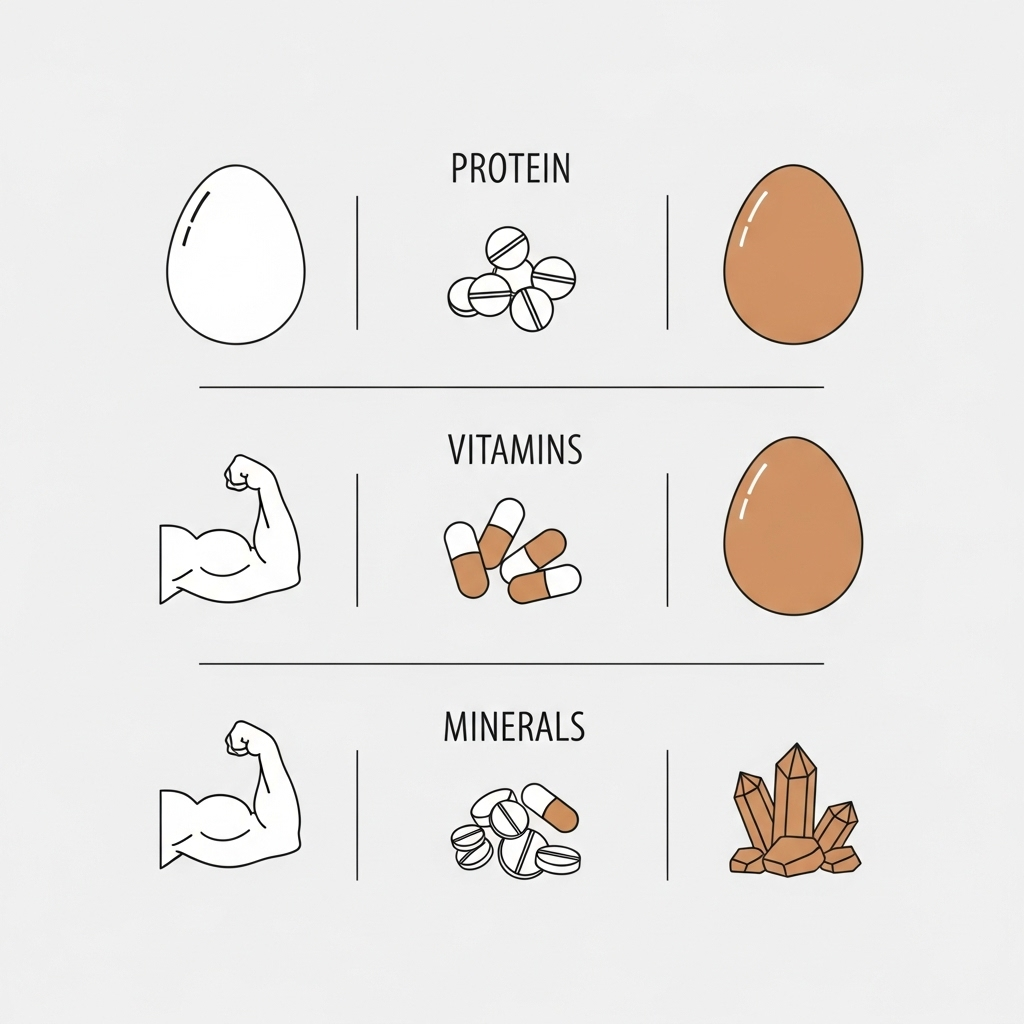A clean infographic comparing the nutritional content of white and brown eggs. Sections for protein, vitamins, and minerals show equal levels for both types. Minimalist design with clear icons. No text.