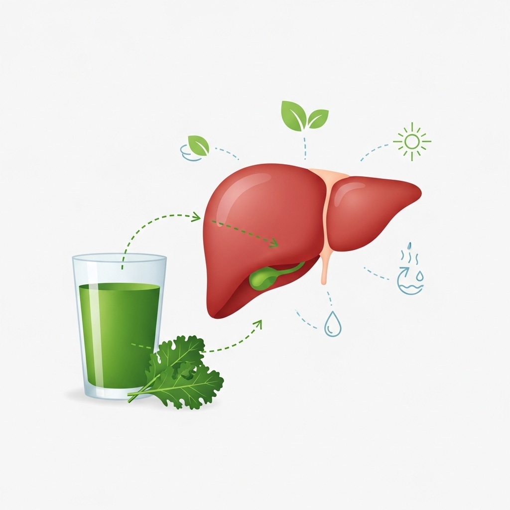 An illustrative infographic showing a healthy liver with gentle detoxifying symbols around it, connected to a glass of fresh kale juice. The style is clean and informative, with a focus on health. No text.