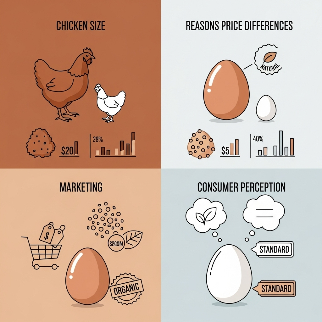 An infographic visually explaining the reasons for price differences between white and brown eggs. Sections illustrate chicken size, feed costs, marketing, and consumer perception. Clean, modern design. No text.