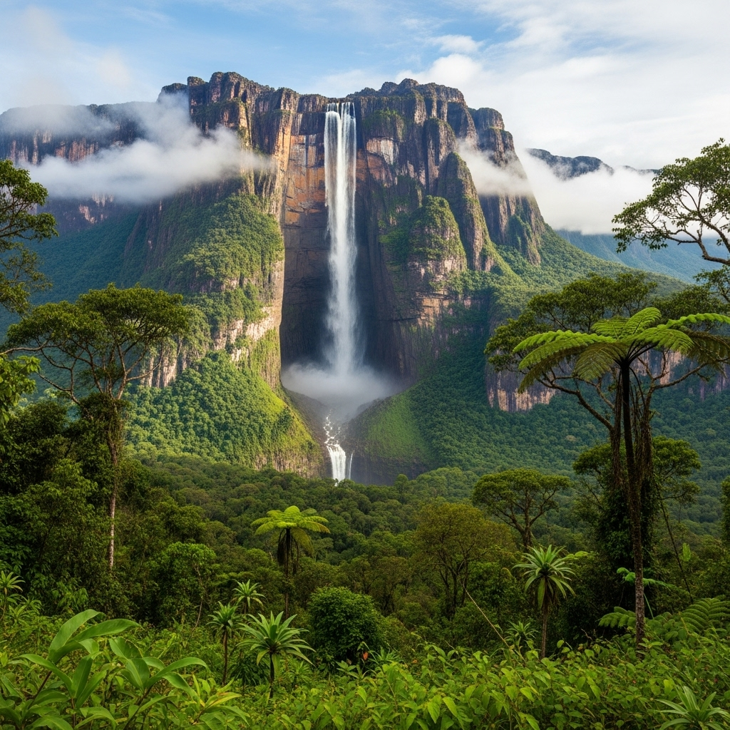 An epic wide shot of Angel Falls in Venezuela, showing its immense height and the surrounding lush green jungle. The waterfall is cascading dramatically from the flat-topped tepui mountain. Natural lighting, no text, travel photography style.
