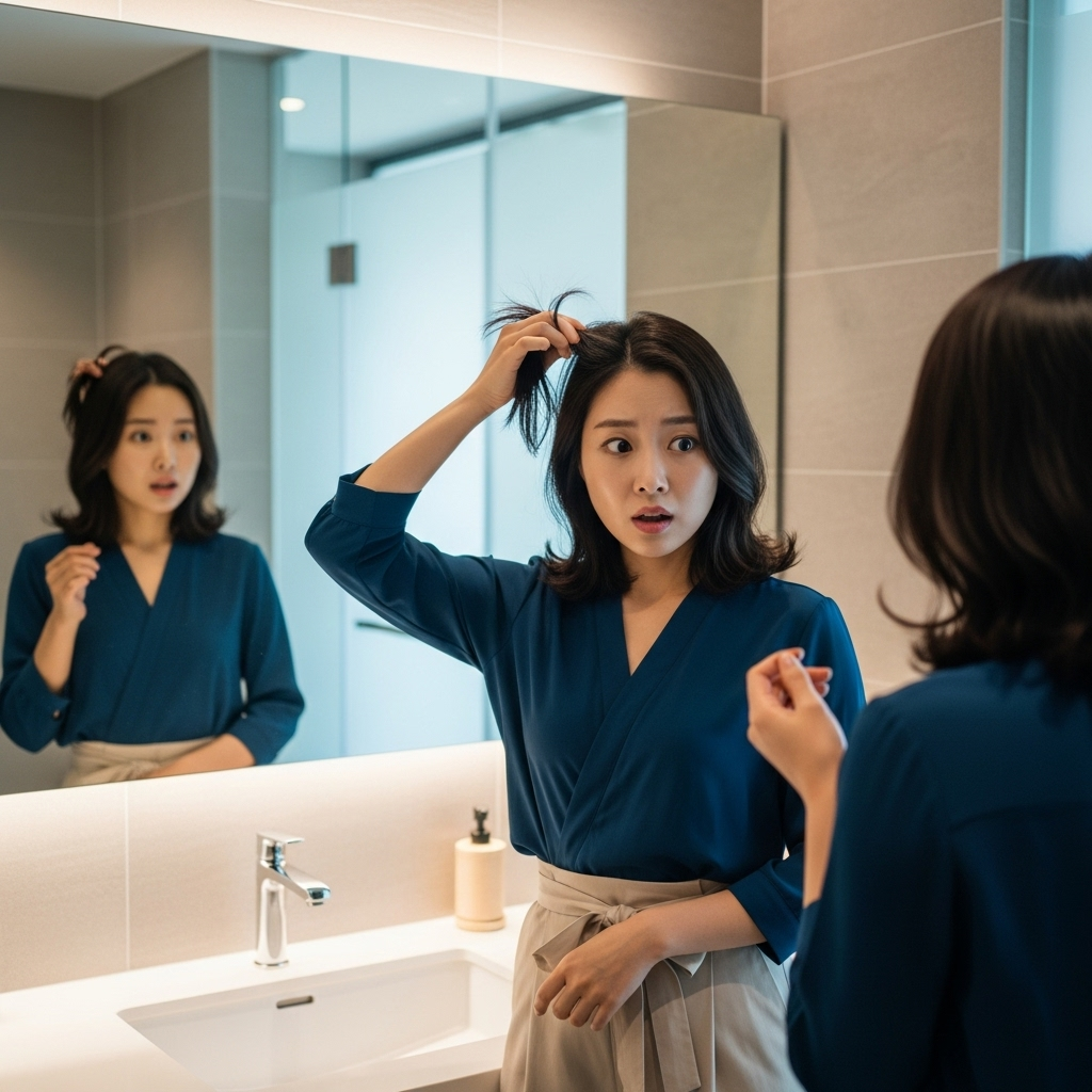 A young Korean woman in her late 20s or early 30s, looking surprised and slightly concerned while examining her hair in a mirror. The background is a clean, modern bathroom. The lighting is soft and natural. Style: lifestyle photography. No text.