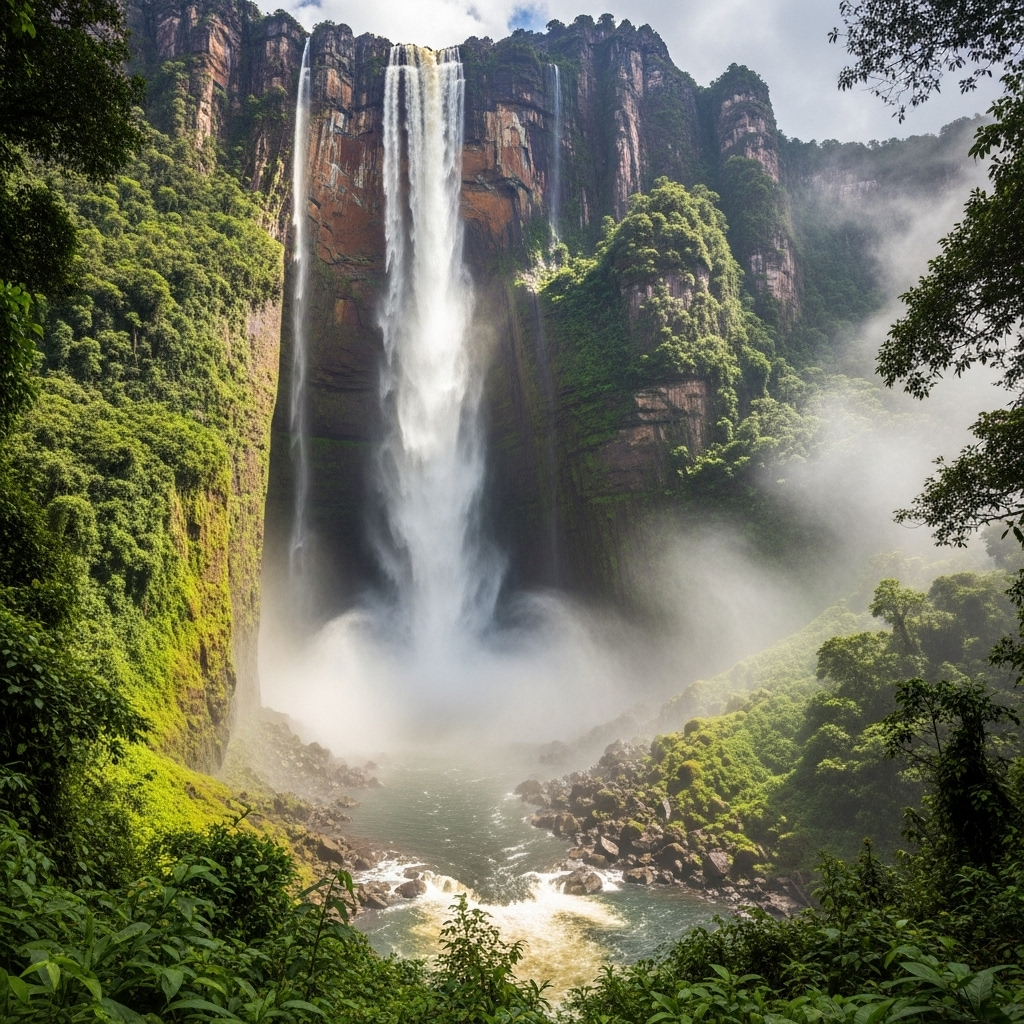 A dynamic shot of the main drop of Angel Falls, emphasizing the immense height and the mist created as the water descends. Lush green vegetation frames the waterfall, showcasing its natural power. Realistic nature photography, no text.