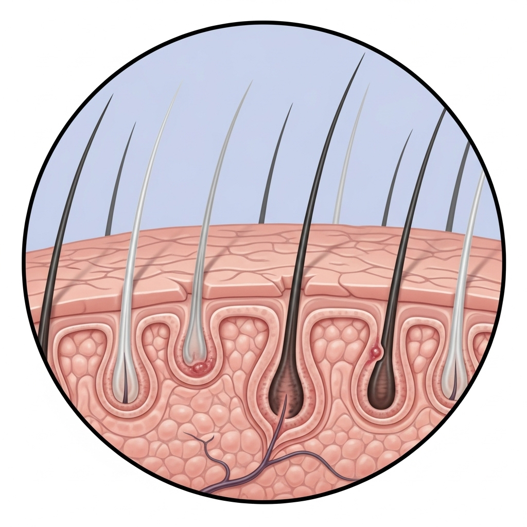 A magnified, microscopic view of a human scalp showing hair follicles. Some hair strands are white (gray) while others are pigmented. The follicles show slight damage or weakness. Style: scientific illustration with a clean infographic feel. No text.