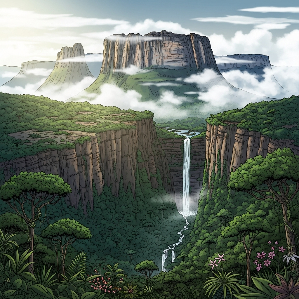 An illustration depicting the unique landscape of Canaima National Park, featuring flat-topped 'tepui' mountains shrouded in mist, surrounded by dense, untouched rainforest. Focus on the rich biodiversity and mystical atmosphere. Illustration style, no text.