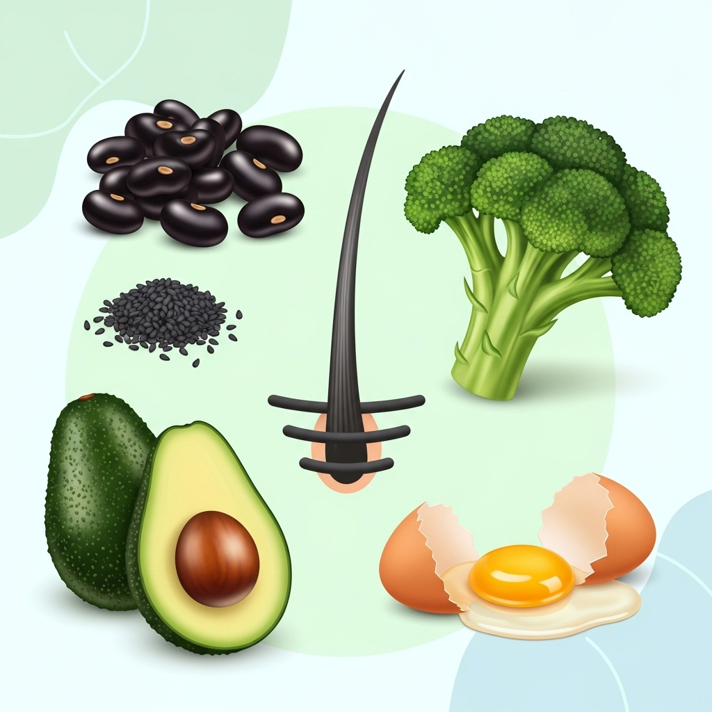A clean infographic illustrating healthy foods beneficial for hair, such as black beans, black sesame seeds, broccoli, avocado, and eggs, arranged attractively. The style is bright and informative. No text.