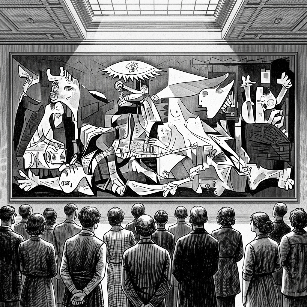 An illustration of a grand, monochromatic painting with distorted figures, capturing the emotional intensity and suffering of war. People are looking at the painting with awe. Style: historical illustration. No text in image.