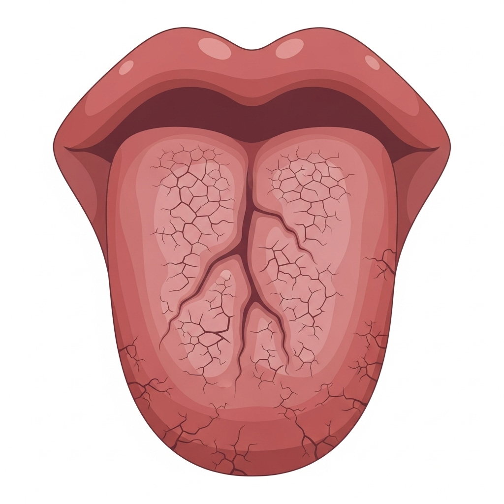A close-up illustration of a tongue showing cracks, indicating dryness and nutritional deficiency. The tongue is reddish with visible fissures. Clean infographic style with a soft, medical color palette. No text.