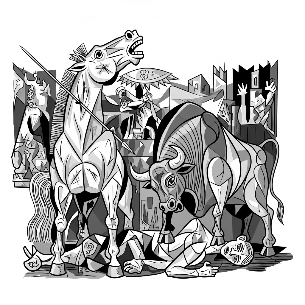 An illustration depicting distorted, suffering figures of a horse and a bull from Picasso's Guernica, emphasizing their pain and the chaos around them. Monochromatic, stark contrast, cubist style. Style: art historical illustration. No text in image.