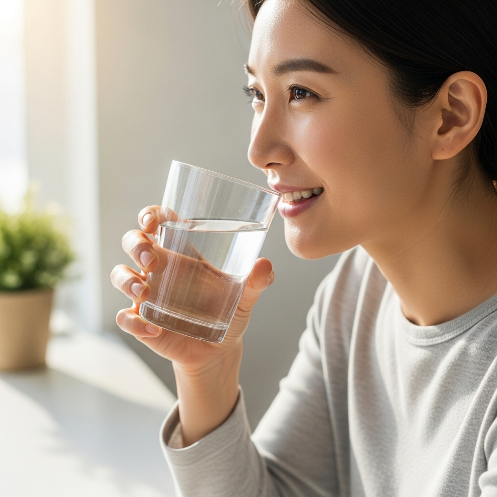 A Korean person happily drinking a glass of water, illustrating hydration to prevent dry mouth and tongue cracks. The setting is bright and clean, perhaps a home or office. Lifestyle photography, natural lighting. No text.