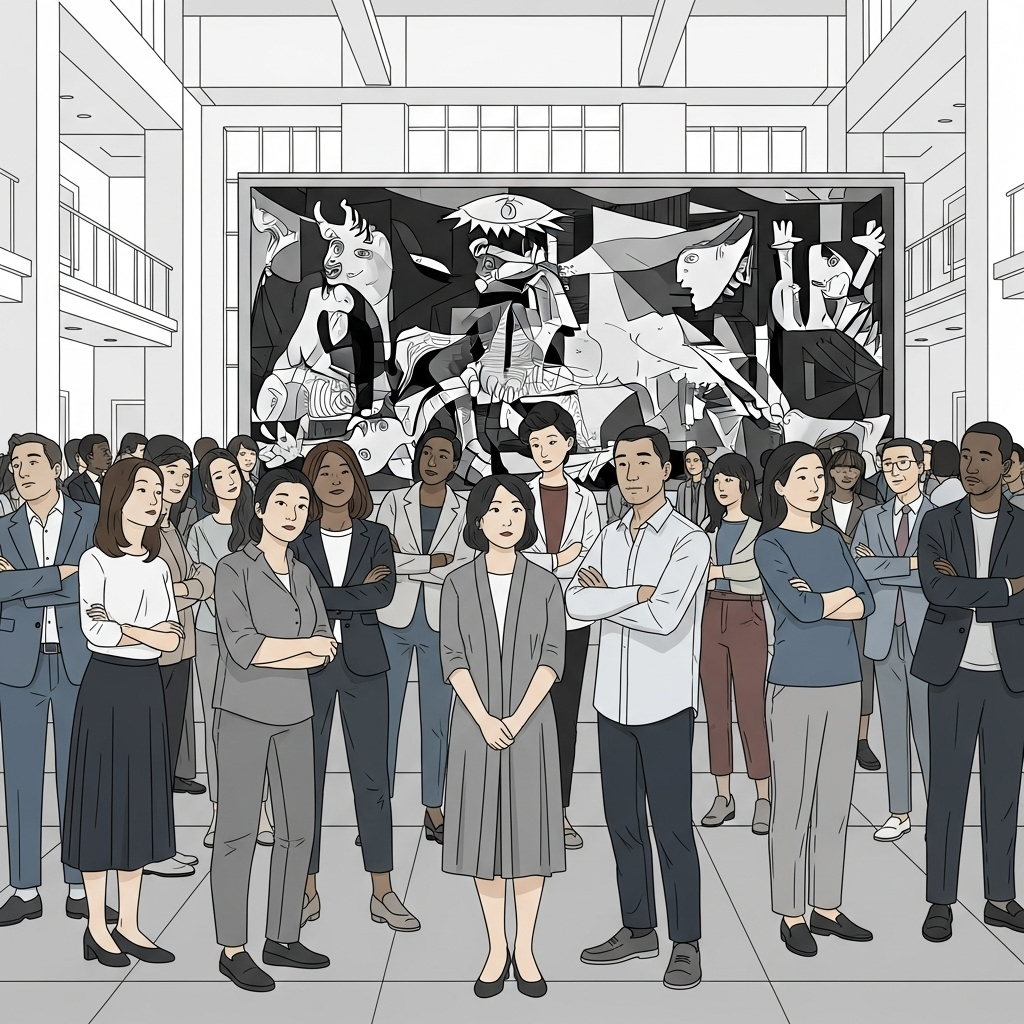 An illustration of diverse people, including Koreans, standing together peacefully, looking at a reproduction of Guernica in a public space, reflecting on peace and humanity. The setting is a modern art gallery or public square. Style: contemporary illustration. No text in image.
