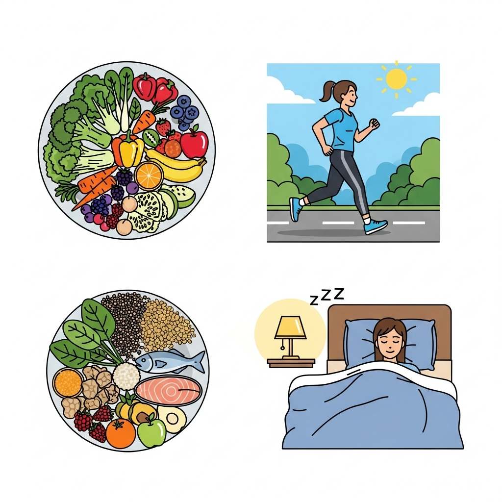 A clean infographic showing various elements contributing to a strong immune system: a balanced plate of healthy food with vibrant vegetables and fruits, a person jogging outdoors, and a person sleeping peacefully in a comfortable bed. Each element is clearly depicted. No text.