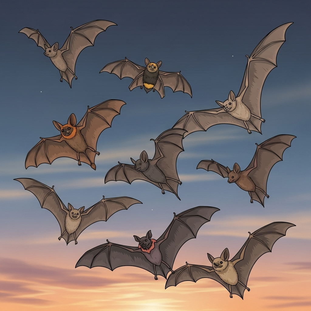 A vibrant illustration of various bat species flying against a twilight sky, showing their diversity in size and shape. Focus on a clean infographic style, with natural colors. No text in image.