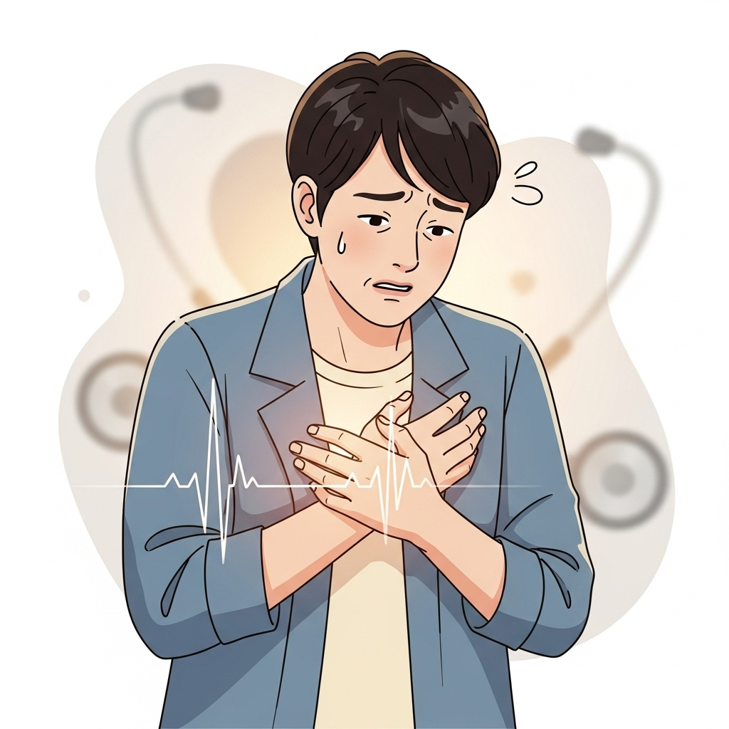 A Korean person (30s-40s) holding their chest, looking concerned, with a subtle overlay of an irregular heartbeat pattern or ECG graph. The background is soft, clean and medical-themed. Style: infographic-style illustration with warm, comforting lighting. No text in image.