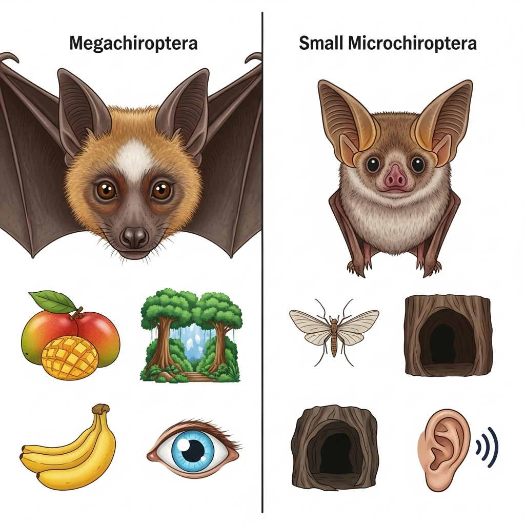A side-by-side comparison infographic showing a large fruit bat (Megachiroptera) and a small insectivorous bat (Microchiroptera). Highlight their differences in diet, habitat, and sensory reliance (eyes vs. echolocation). Clean, informative style, no text.