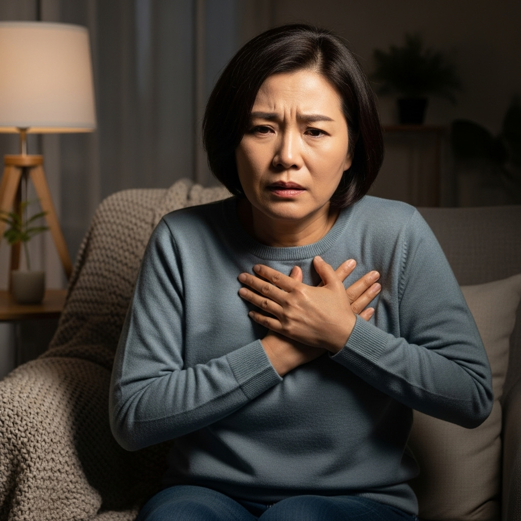 A Korean person (50s) looking anxious and holding their chest, conveying a sense of discomfort or pain. The setting is a cozy, slightly dimly lit room, suggesting introspection and worry. Style: realistic lifestyle photography with natural shadows. No text in image.