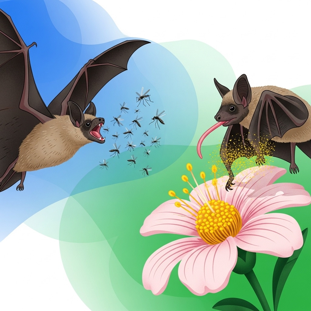 An infographic illustrating bats' ecological roles: one bat eating mosquitoes (pest control) and another bat pollinating a flower while eating nectar (pollination/seed dispersal). Use a clean, vibrant style. No text in image.