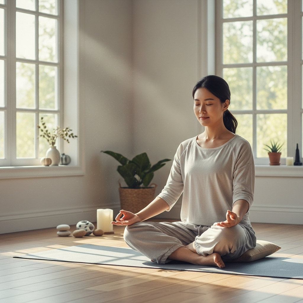 A Korean person (30s) practicing gentle yoga or meditation in a serene, brightly lit room with natural light. The atmosphere is calm and peaceful, emphasizing stress relief and healthy living. Style: lifestyle photography. No text in image.