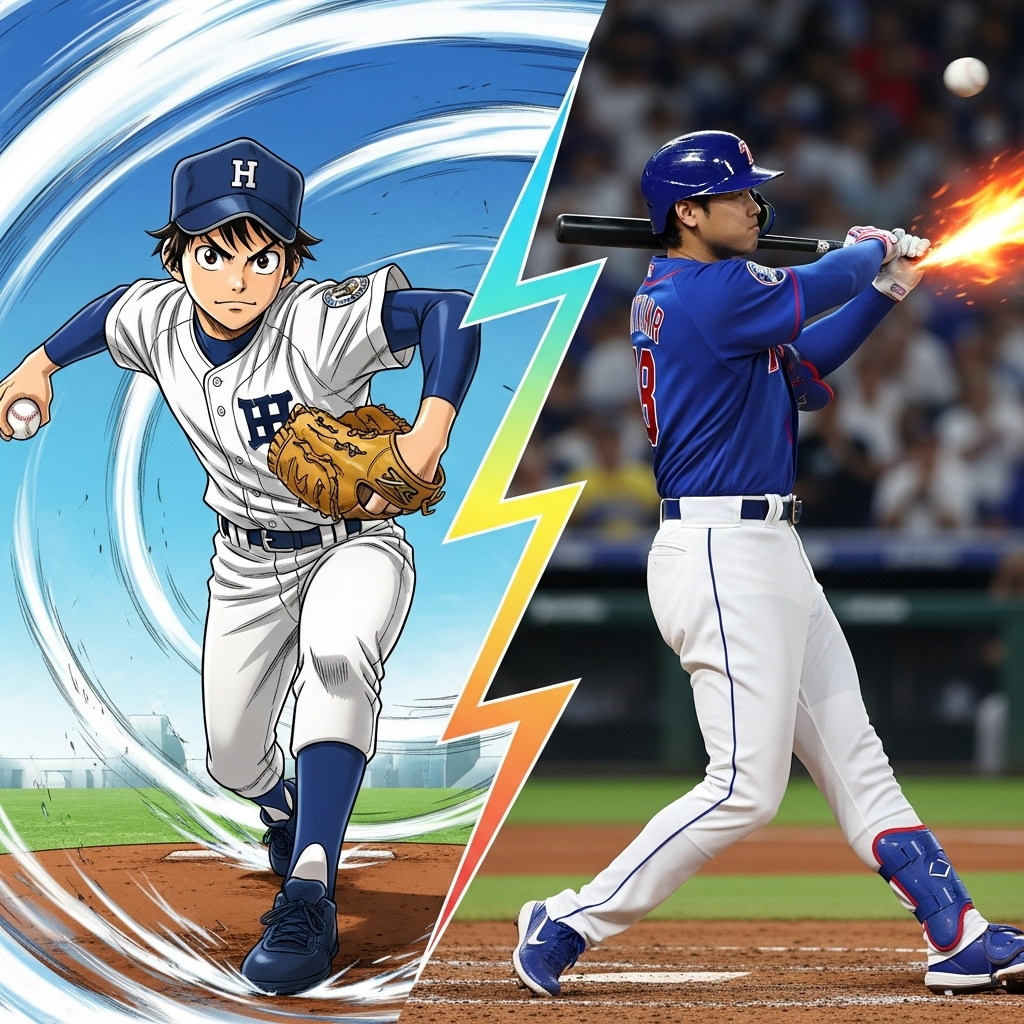 An energetic illustration showing two distinct scenes: on the left, a young baseball pitcher in a high school uniform throwing a powerful pitch with intense focus (resembling Hiro from H2 manga); on the right, a professional baseball player in a modern uniform hitting a home run with immense power (symbolizing Shohei Ohtani). The art style is vibrant and dynamic, capturing the essence of both a manga and real-life sports. No text.