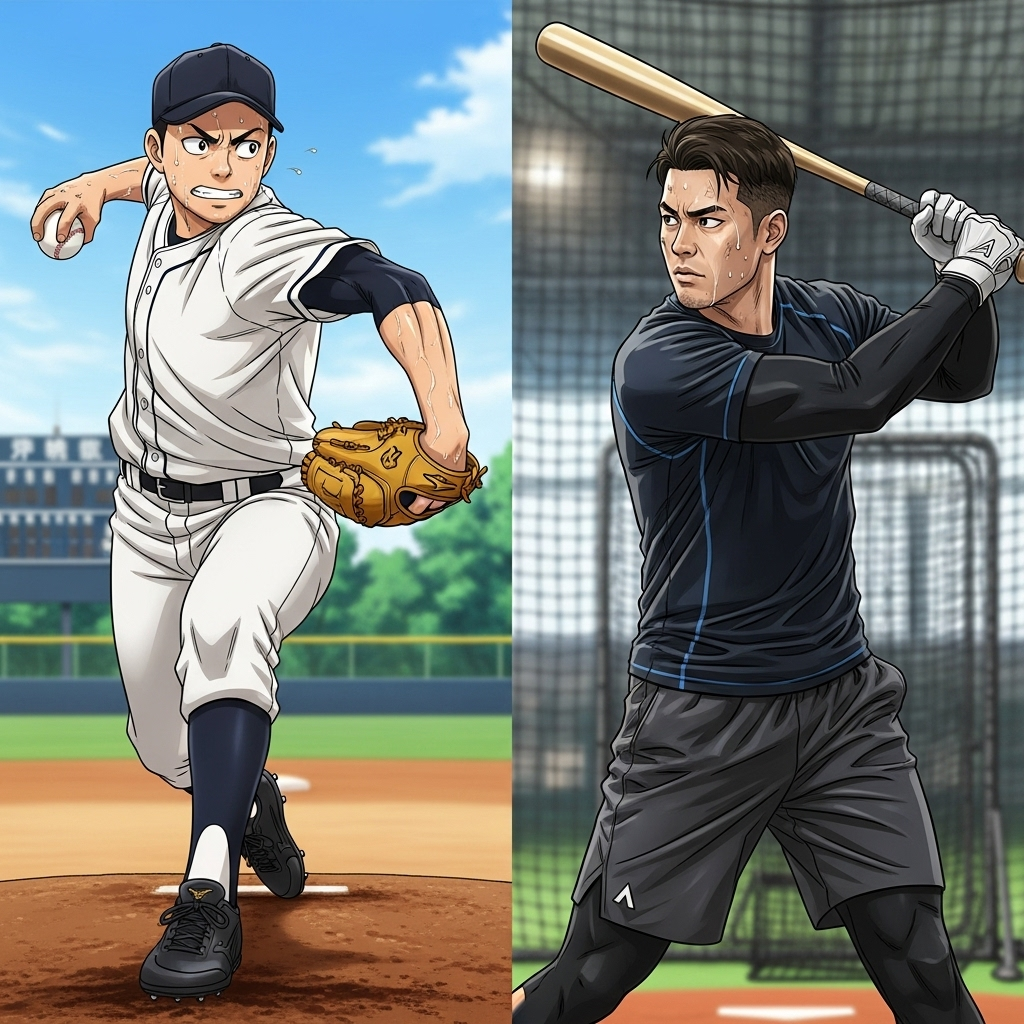 A split-panel illustration depicting two male athletes training for baseball. On the left, a young man in a high school baseball uniform is practicing pitching with a determined expression. On the right, a professional athlete in a modern training outfit is engaged in batting practice, showing powerful form. Both scenes convey intense effort and dedication, with sweat and focused expressions. Style: realistic sports illustration with a touch of anime influence. No text.