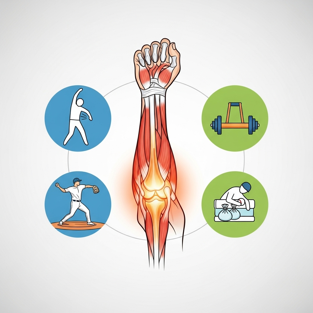 An infographic illustrating various aspects of pitcher's elbow injury prevention, showing a pitcher's arm with key areas highlighted, surrounded by icons representing stretching, strengthening, proper form, and recovery. Clean, informative style. No text.